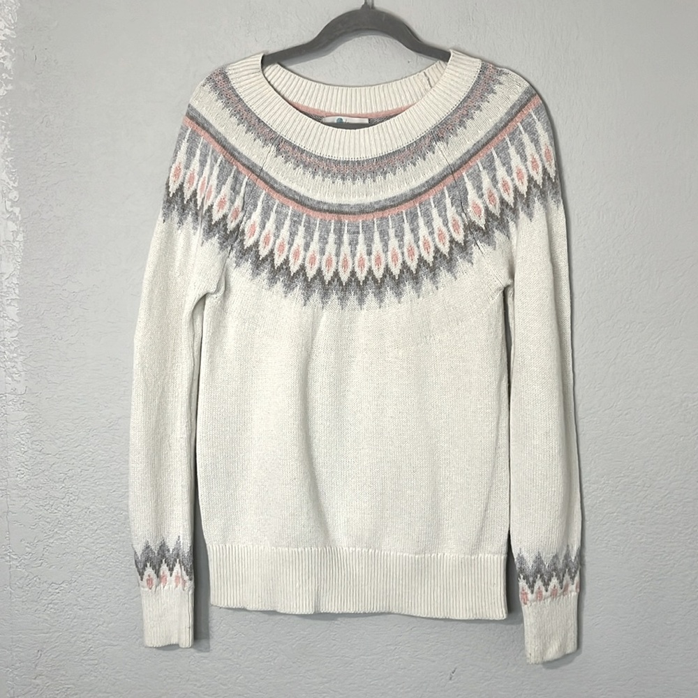 Boden Cream and Gray Patterned Crew Neck Sweater